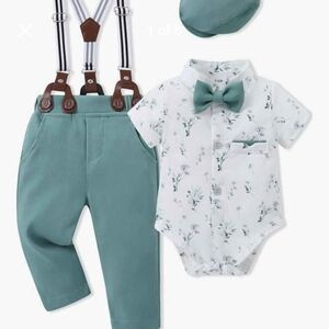 solo Mint Green Suspenders Set with Floral Bodysuit and Bow Tie